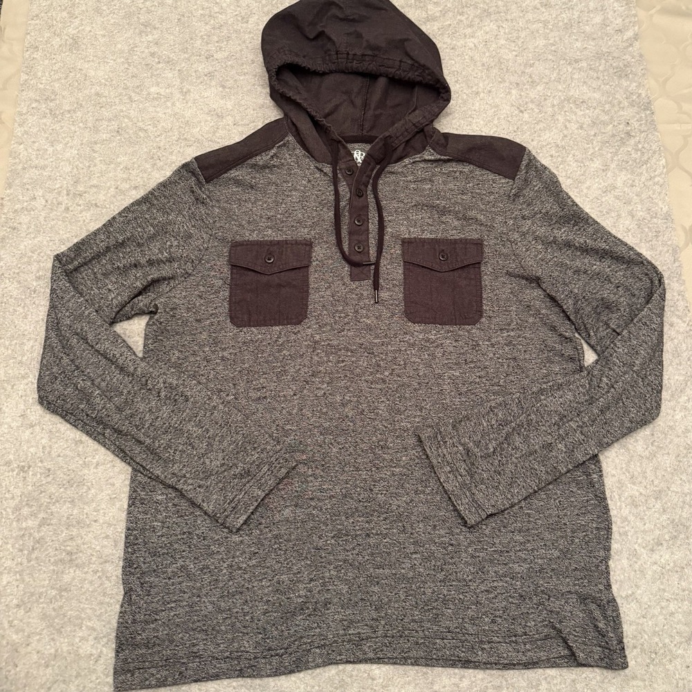 Rock & Republic Men's Long Sleeve Hooded Shirt Front Pockets Charcoal & Black L